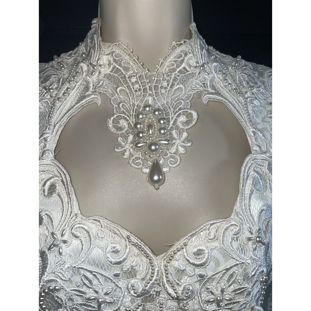 Vintage 80s Lace Wedding Dress Long Sleeve High Neck Pearl Mermaid Gown - Picture 3 of 12